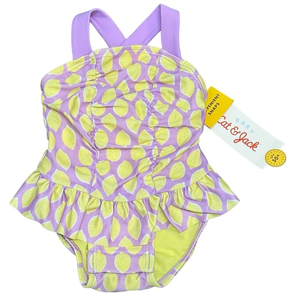 Cat & Jack Other - 0-3M + 3-6M - Cat & Jack Baby One Piece Swim Suit with Snaps Lemon UPF 50+ NEW